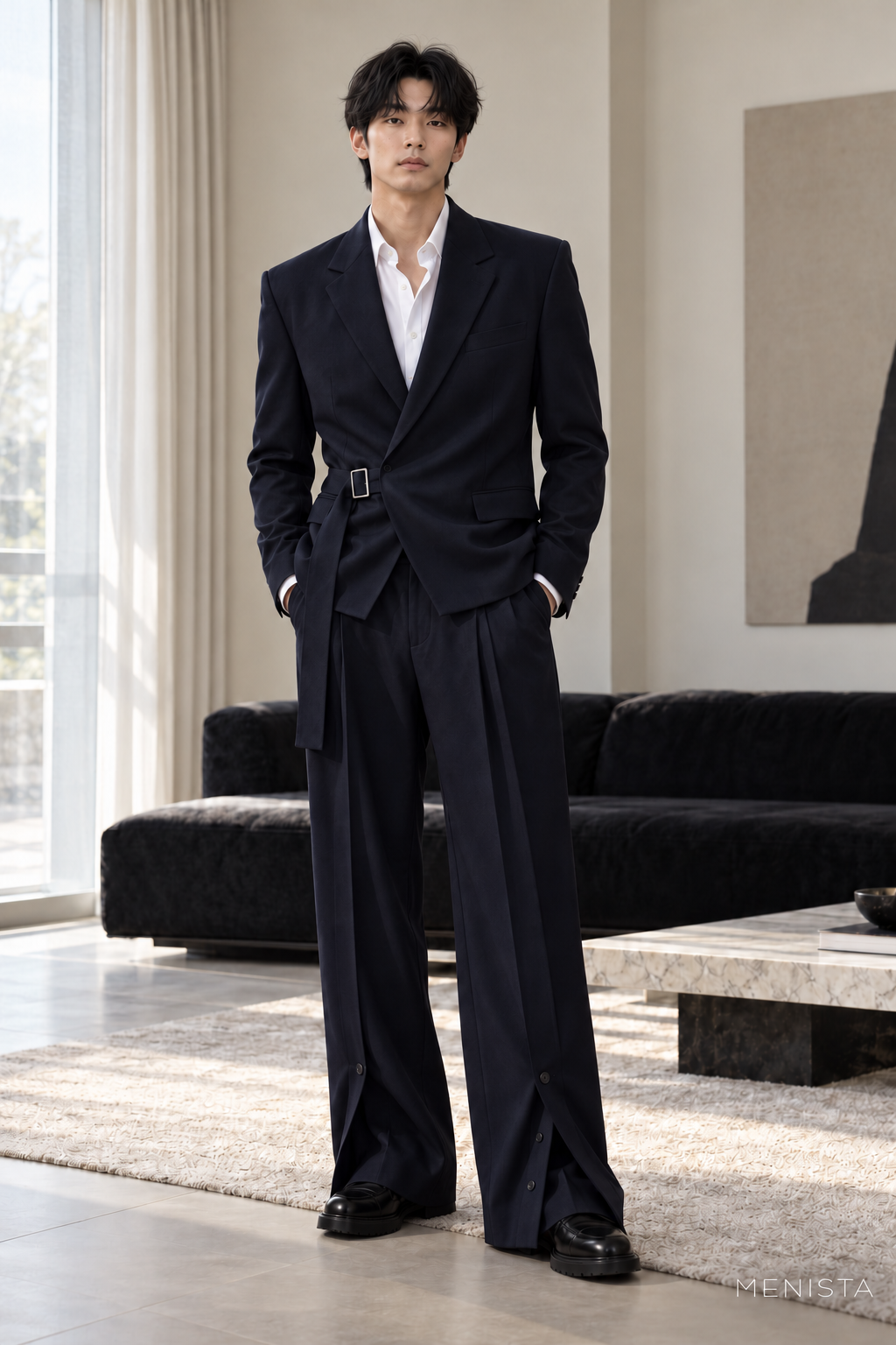 Osric Navy Buckle-Wrap Wide-Leg 2PC Suit - full-body front view