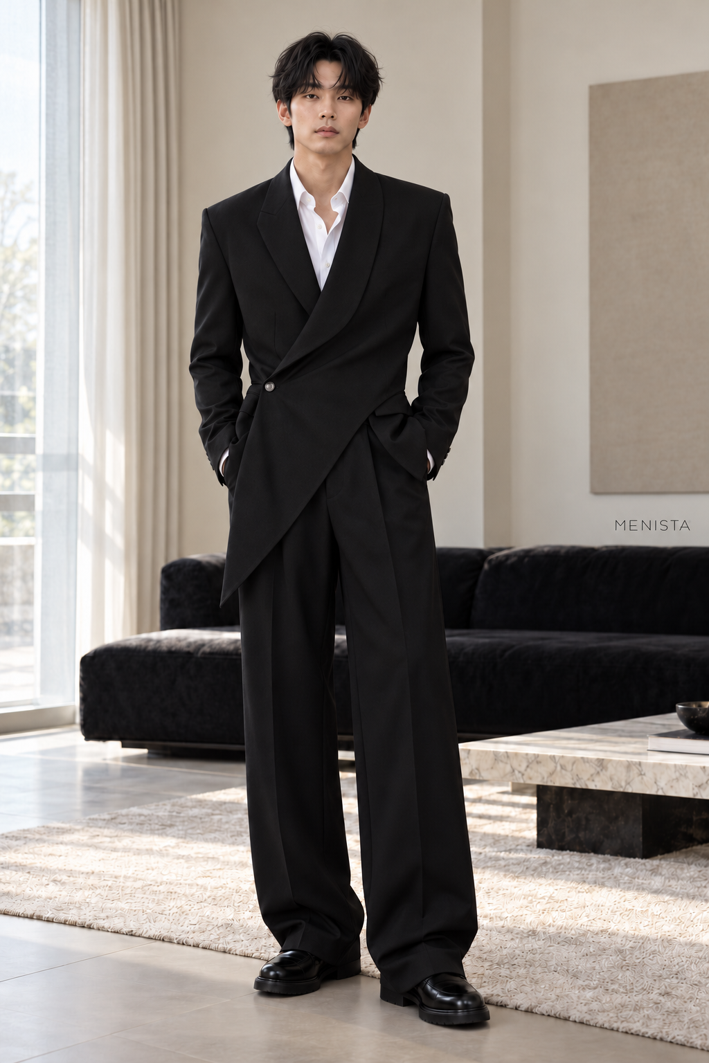 Darian Black Asymmetric Draped 2PC Suit - full-body front view
