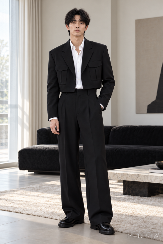 Lucero Black Utility-Pocket Cropped 2PC Suit - full-body front view