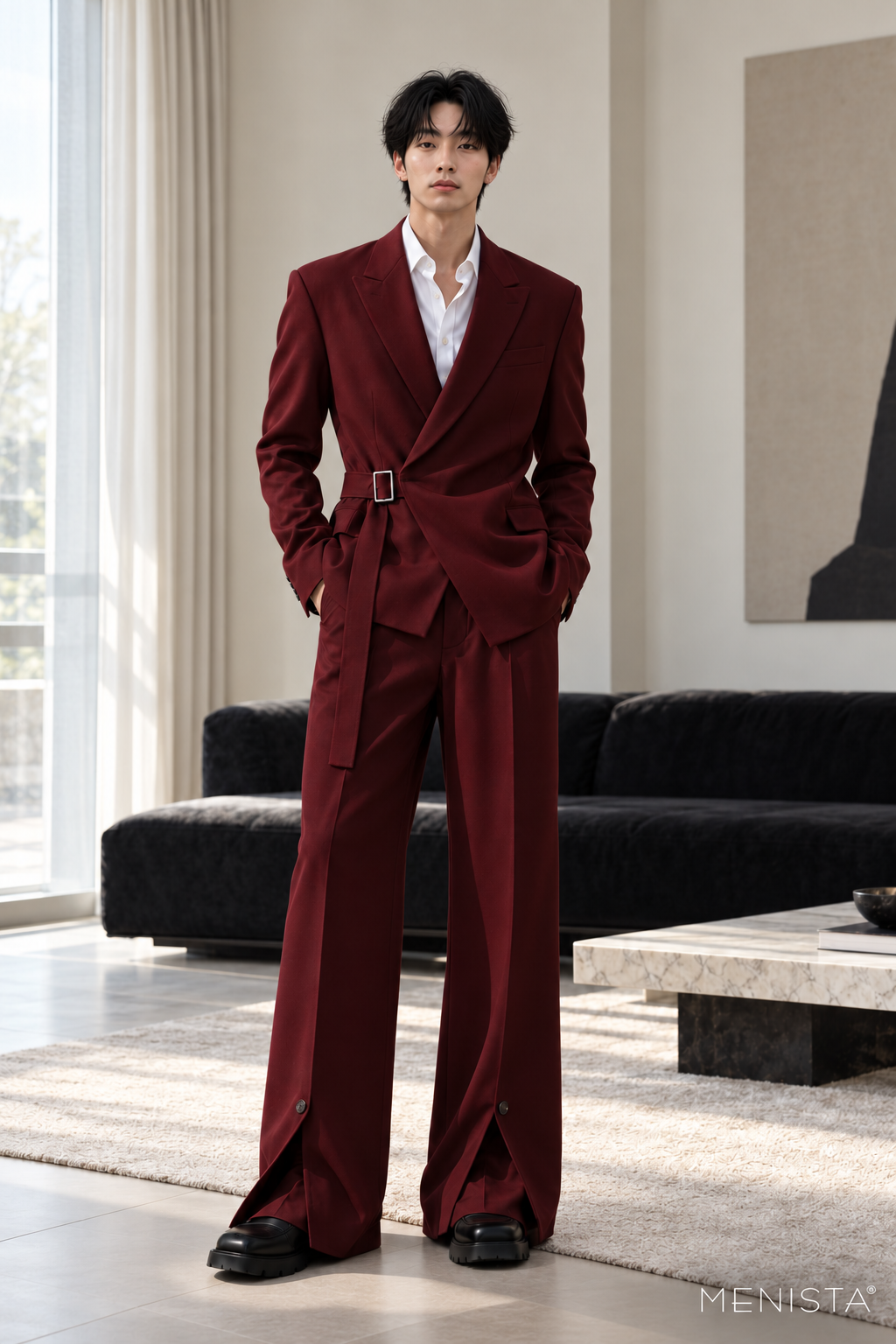 Dacian Burgundy Buckle-Wrap Wide-Leg 2PC Suit - full-body front view