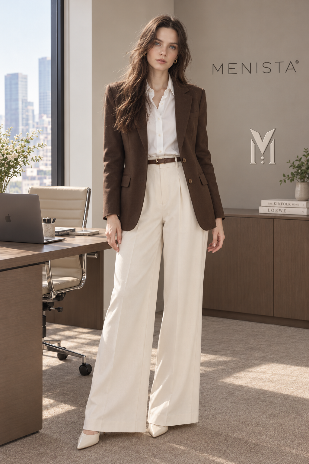 Sofia wearing the Menista women’s brown blazer and ivory wide-leg two-piece suit, front view.