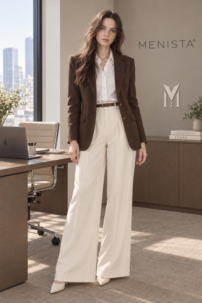 Sofia wearing the Menista women’s brown blazer and ivory wide-leg two-piece suit, front view.