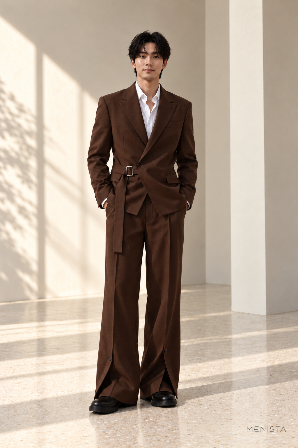 Marek Chocolate Brown Buckle-Wrap Wide-Leg 2PC Suit - full-body front view