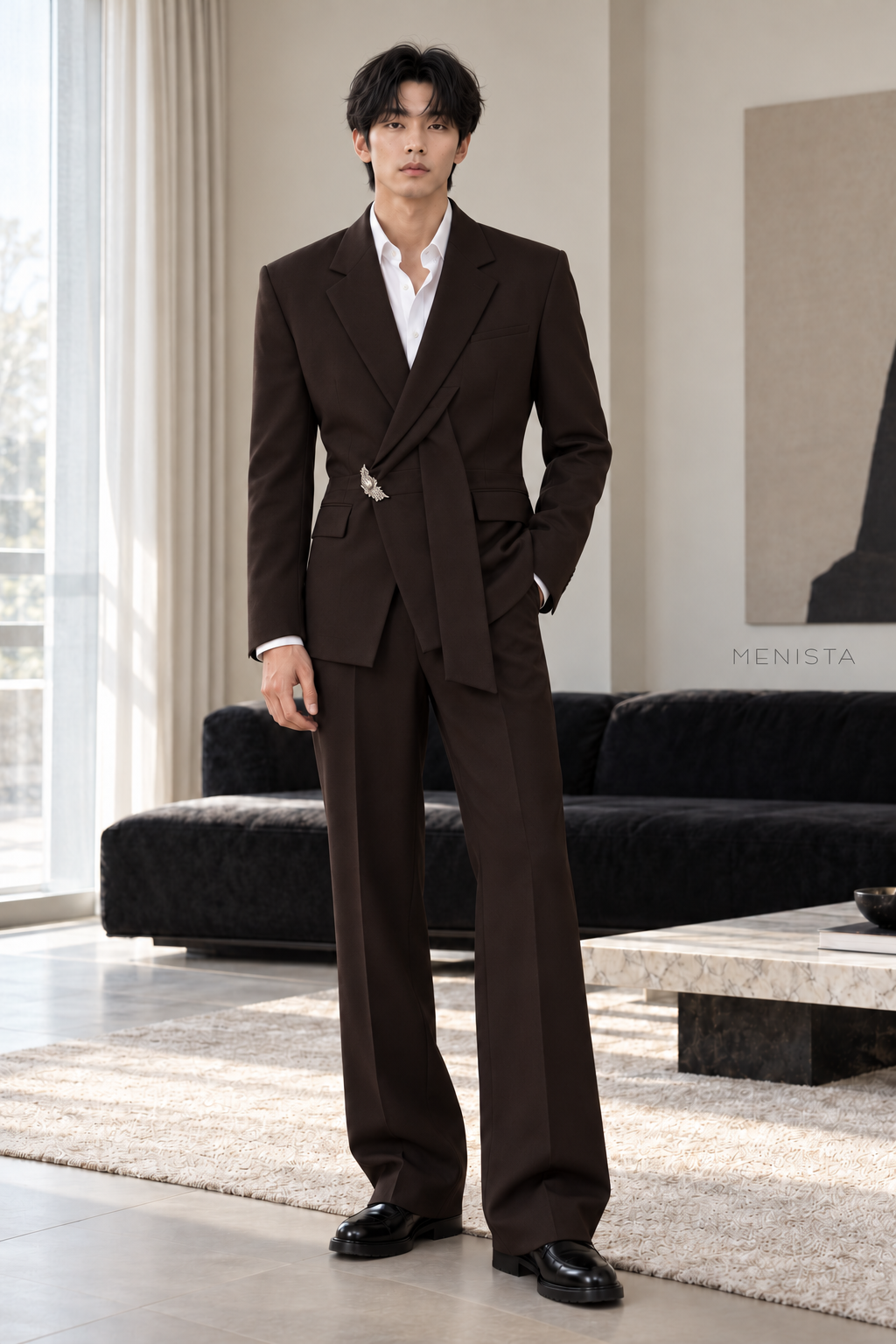 Hadrian Espresso Brown Asymmetric Wrap 2PC Suit - full-body front view