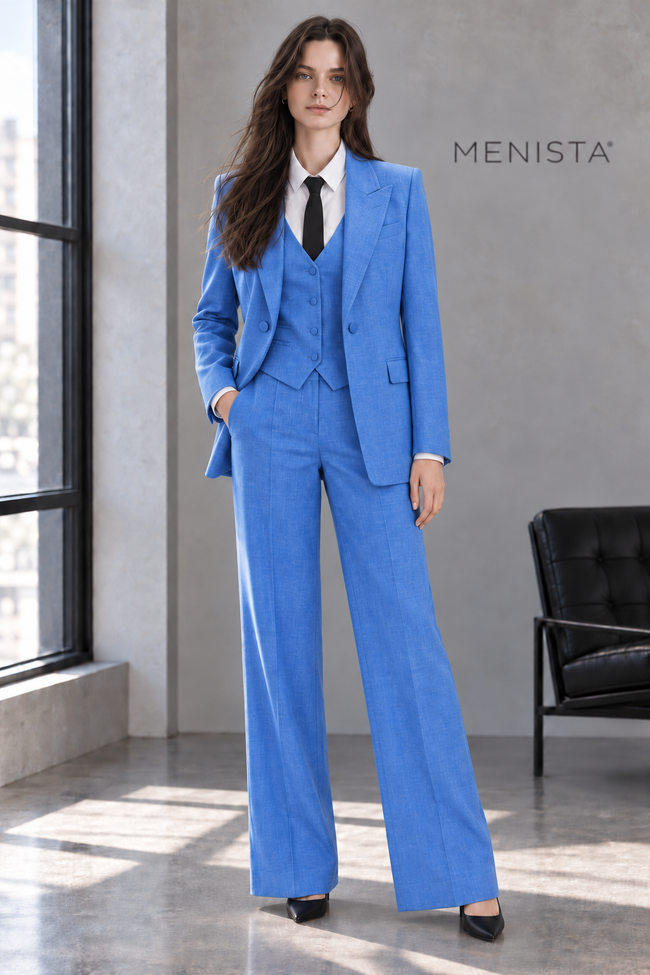 Leontine women’s cornflower blue 3-piece suit, full-body front view.