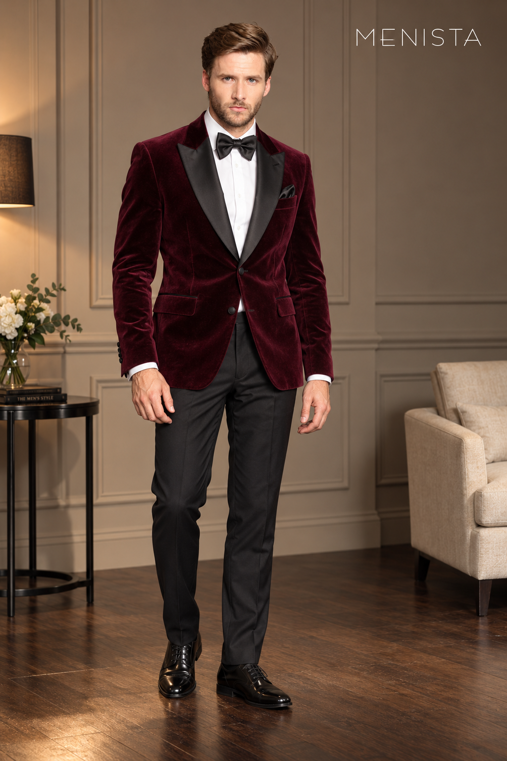 Front view of Menista maroon velvet two-piece suit with black peak lapels and black trousers.