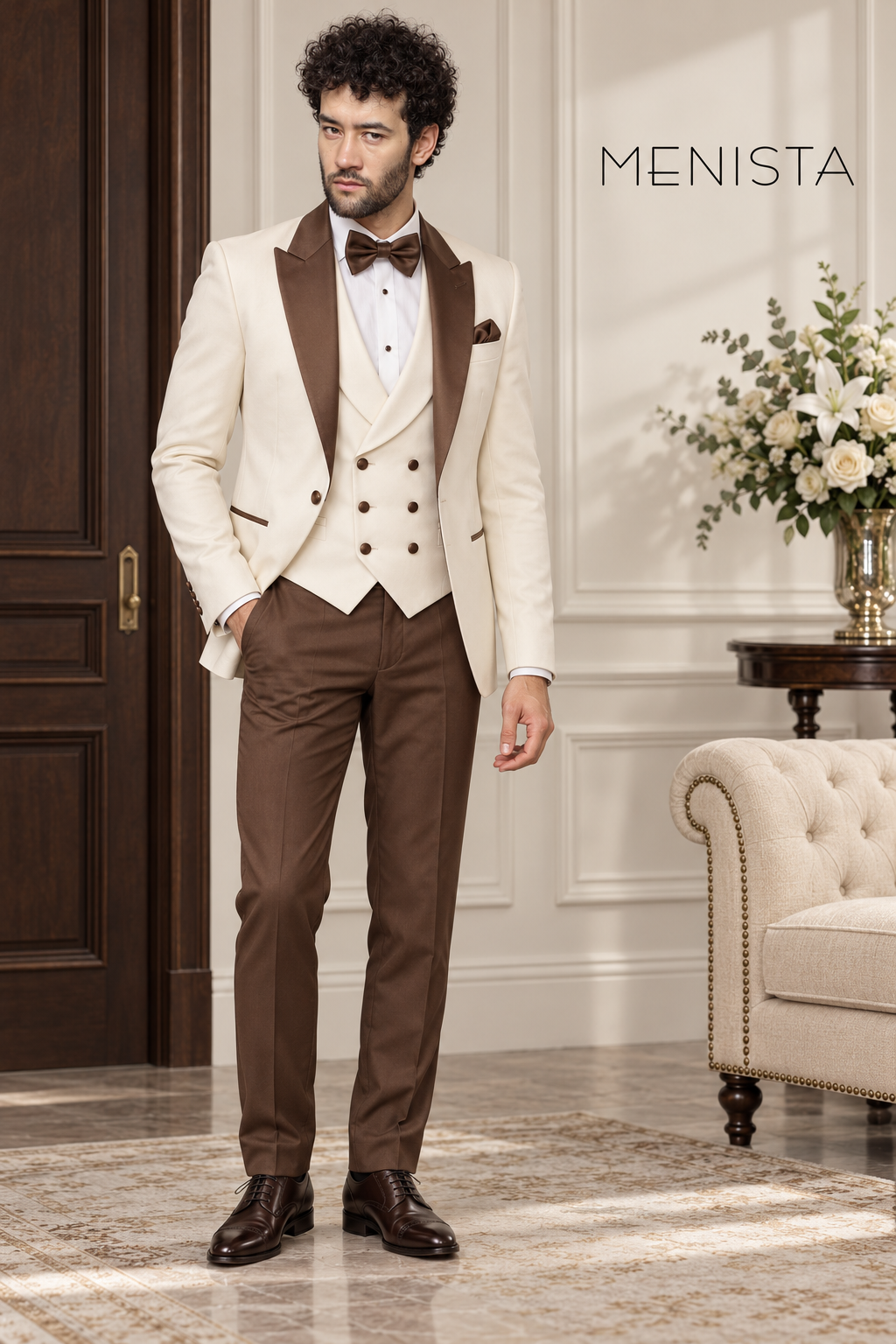 Front view of Menista ivory three-piece suit with brown peak lapels, ivory double-breasted waistcoat and brown trousers.