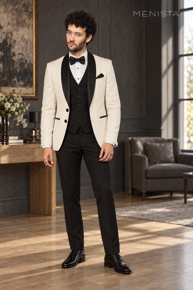 Front view of Menista ivory two-button tuxedo jacket with black satin shawl lapels, five-button black waistcoat and black trousers.
