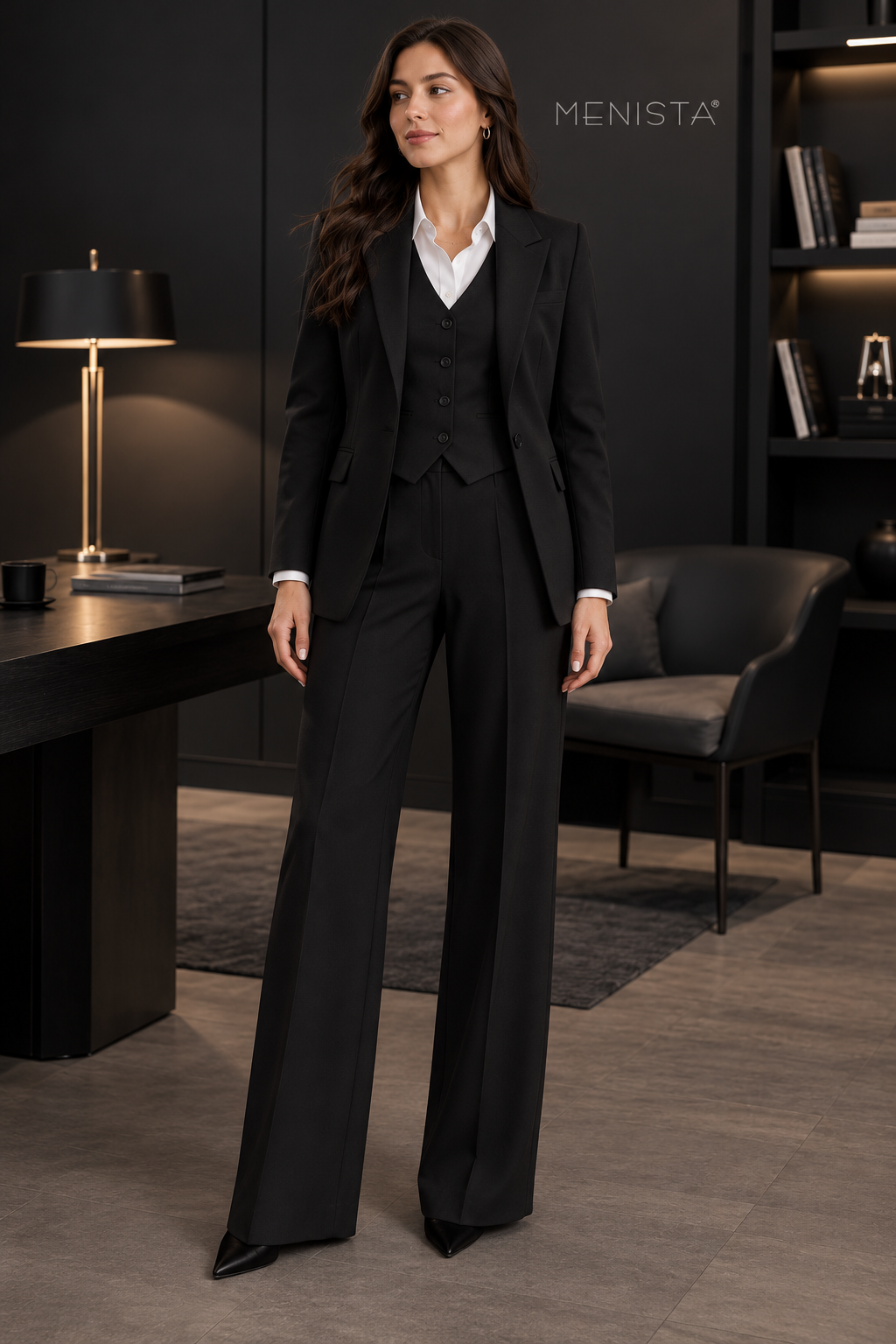 Full front view of women’s black notch-lapel jacket, four-button waistcoat and matching wide-leg trousers.