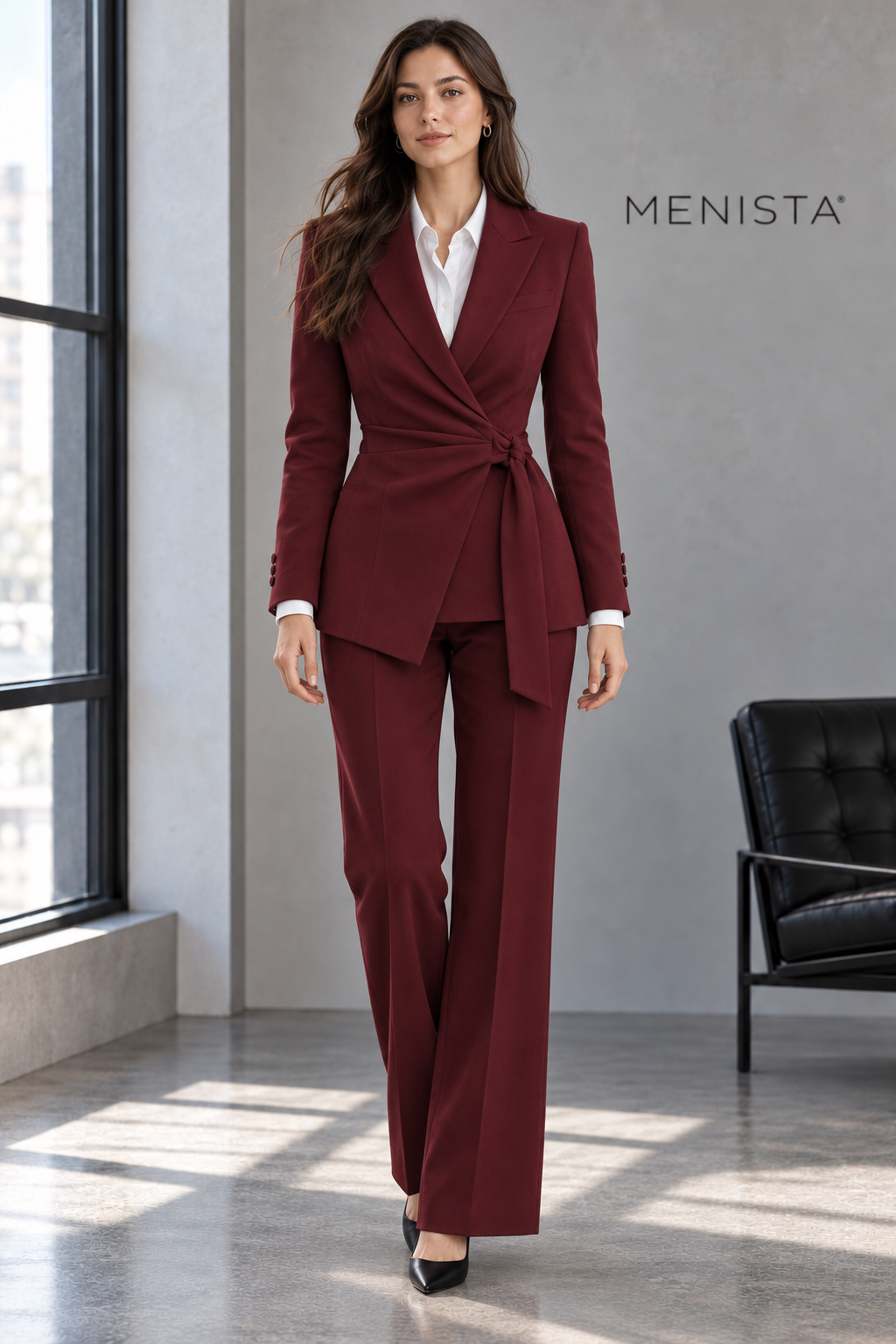 Lucienne women’s burgundy 2-piece suit, full-body front view.