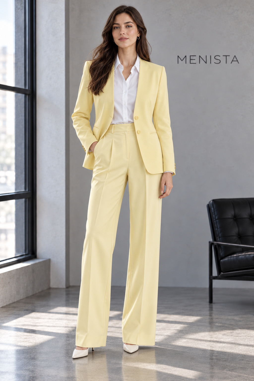 Rosamund women’s pale yellow 2-piece suit, full-body front view.