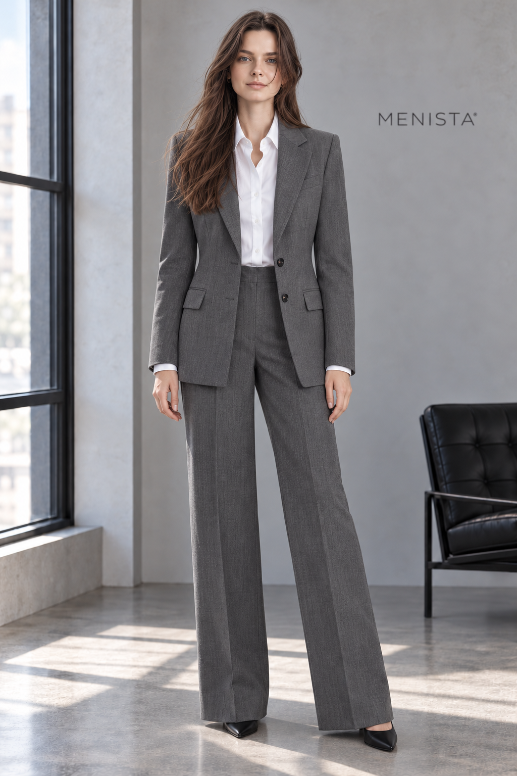 Elowen women’s charcoal melange notch-lapel jacket and wide-leg trousers, full-body front view.