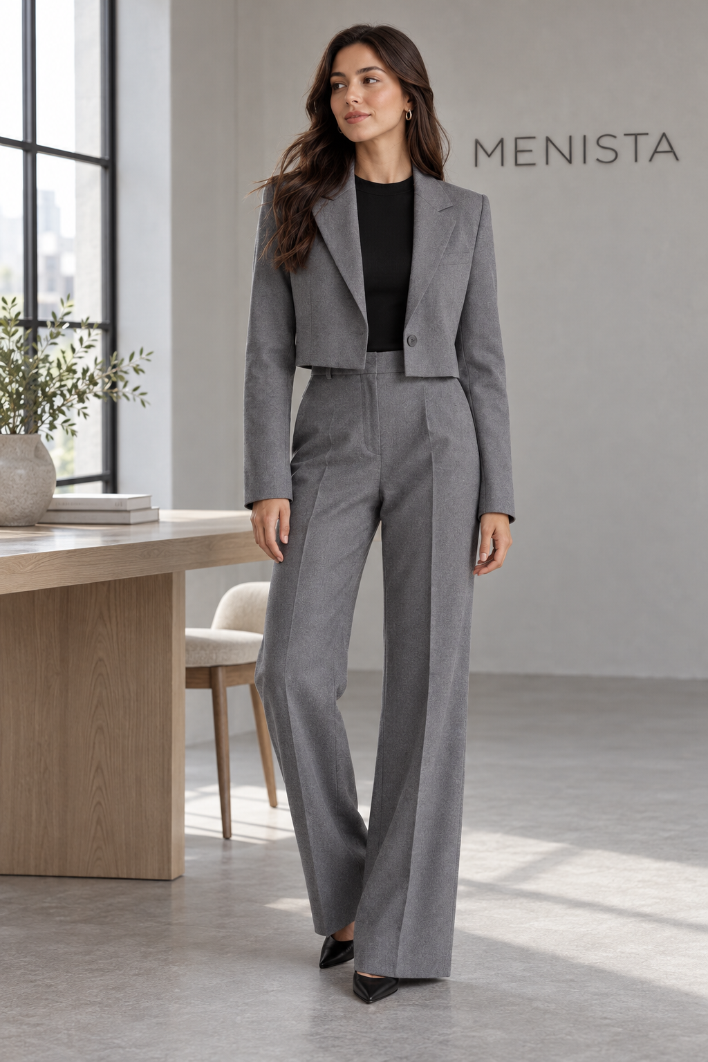 Full front view of women’s grey cropped single-button blazer and matching wide-leg trousers.