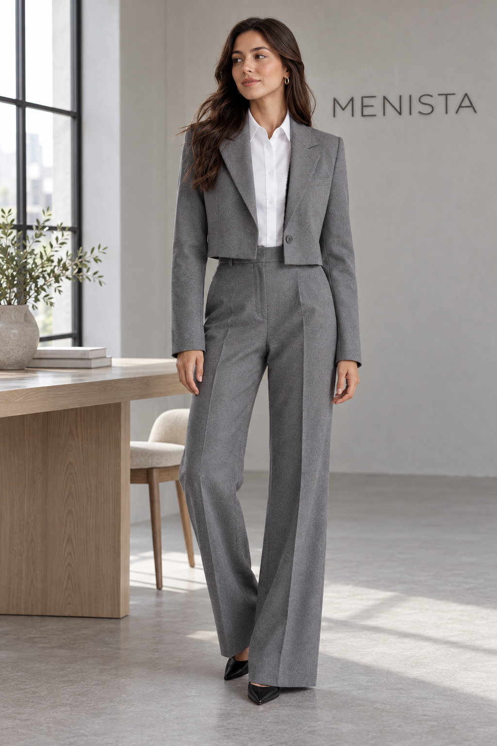 Full front view of women’s grey cropped single-button blazer and matching wide-leg trousers.
