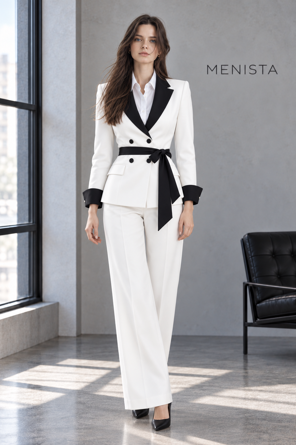 Aveline women’s white and black 2-piece suit, full-body front view.