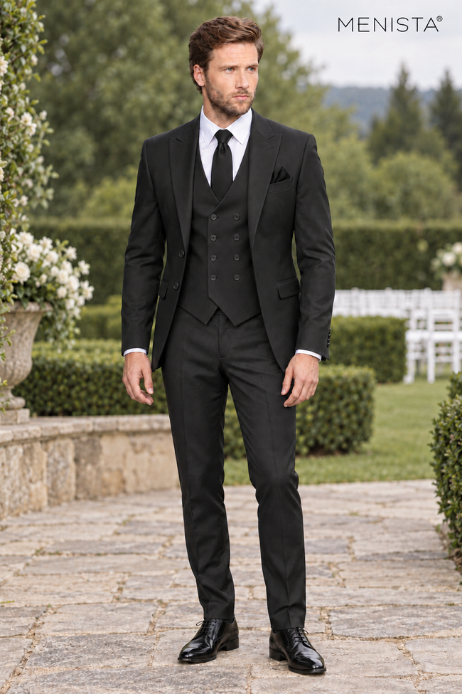 Full front view of Menista black three-piece suit with a two-button jacket and eight-button double-breasted waistcoat.