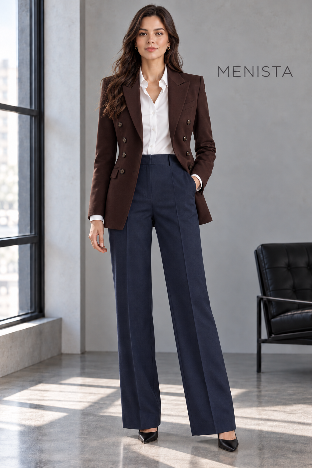 Evelina women’s chocolate brown and navy 2-piece suit, full-body front view.