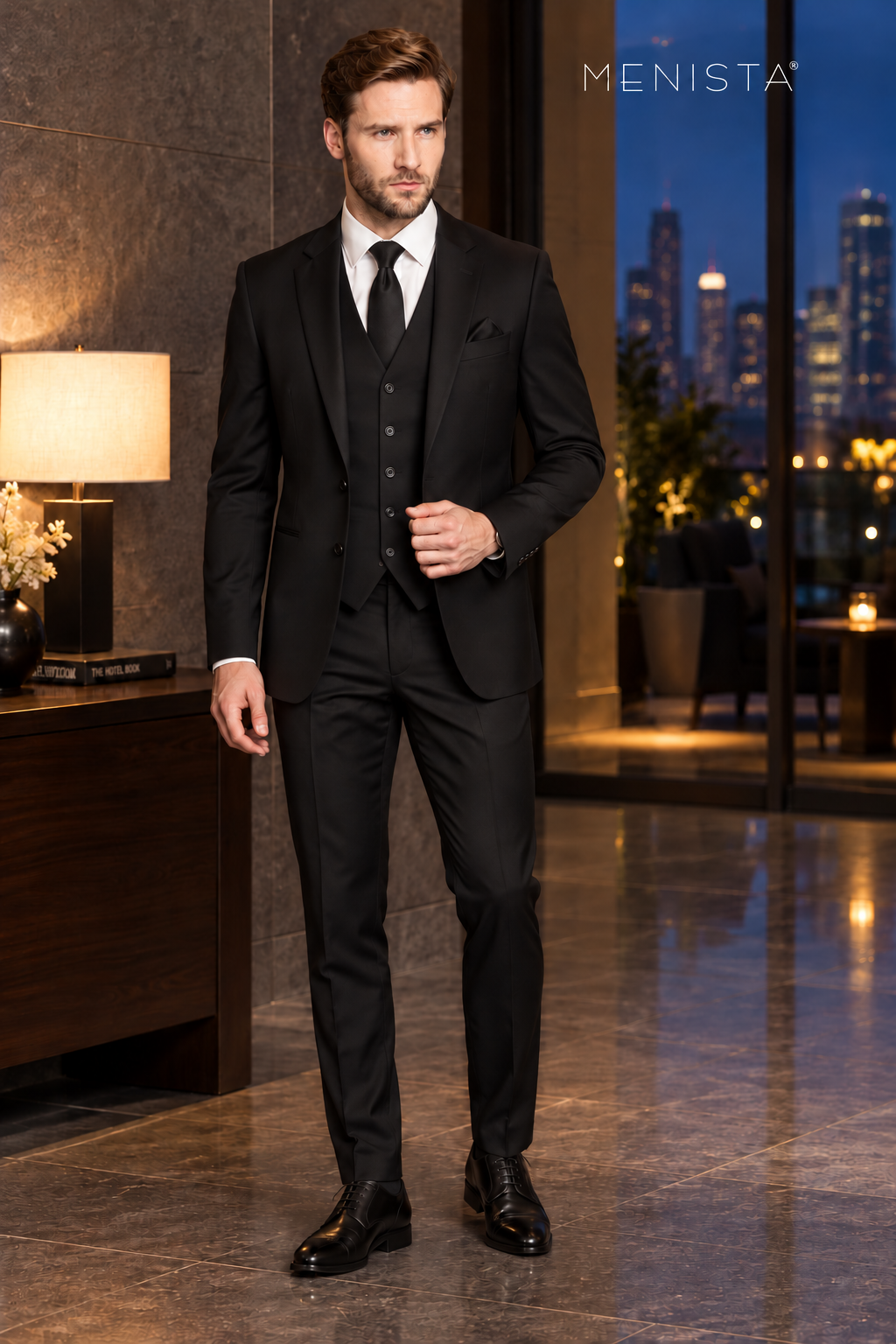 Full front view of Menista black slim-fit three-piece suit with a five-button waistcoat.