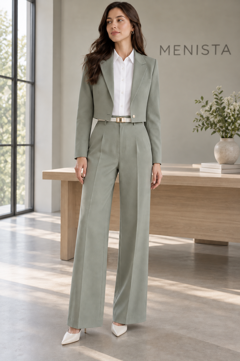 Full front view of women’s sage cropped single-button notch-lapel jacket and matching high-waisted wide-leg trousers.