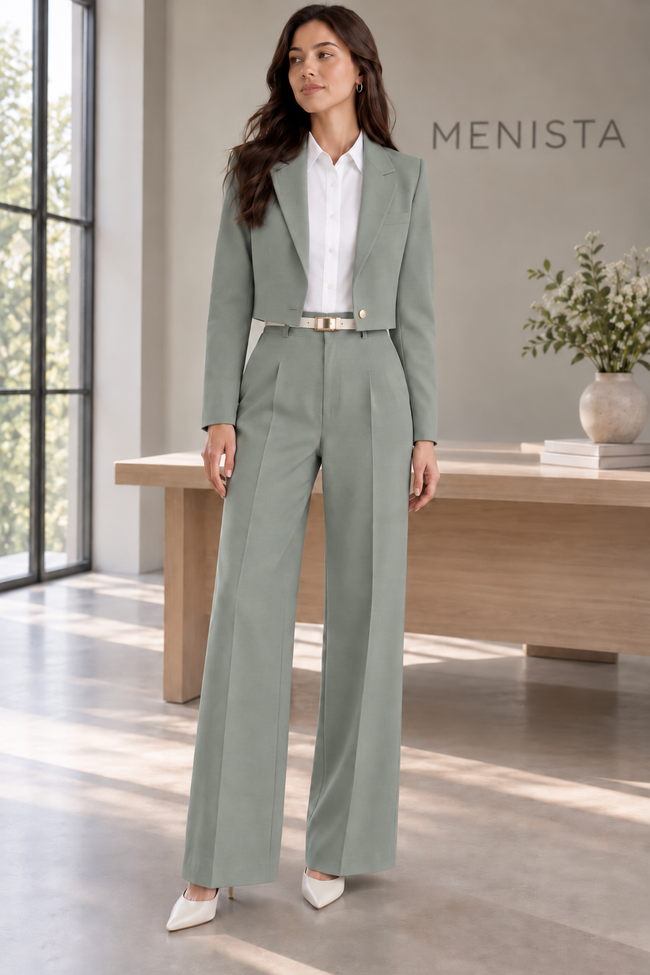 Full front view of women’s sage cropped single-button notch-lapel jacket and matching high-waisted wide-leg trousers.