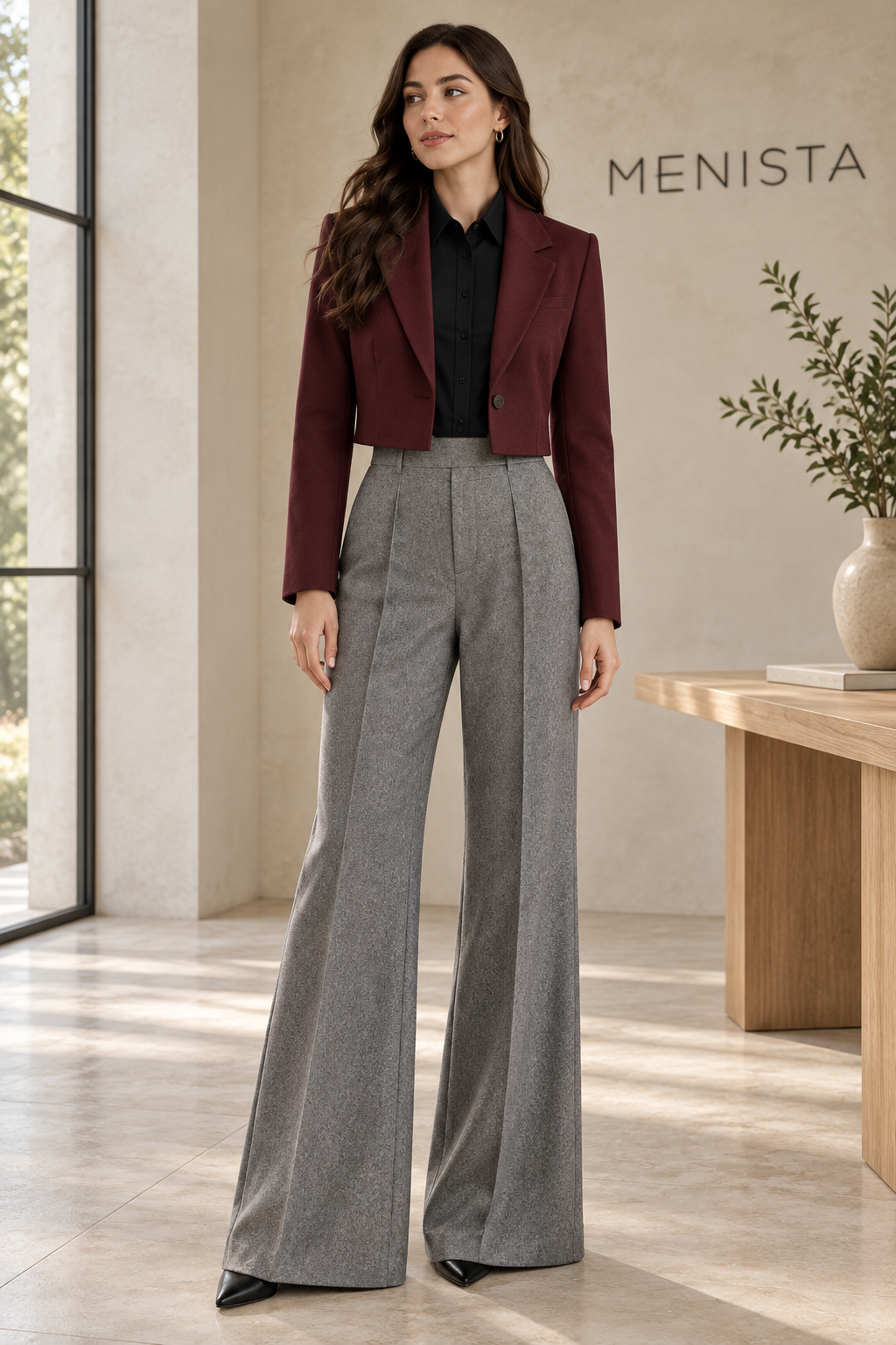 Full front view of women’s burgundy cropped jacket and grey melange wide-leg trouser set.
