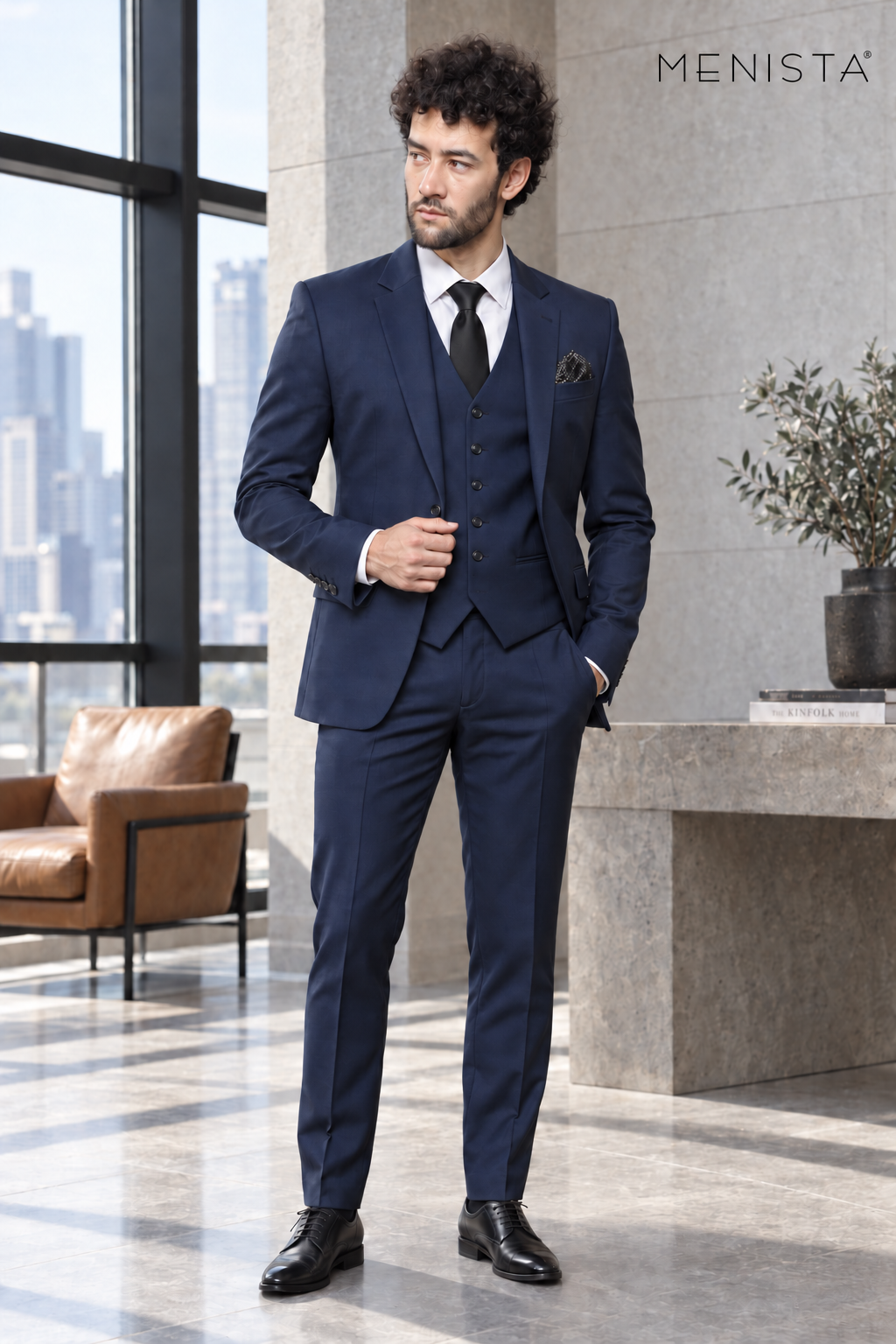 Full front view of Menista navy blue three-piece suit with a matching five-button waistcoat.