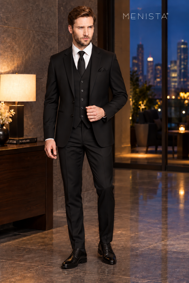 Front view of Sterling black slim-fit three-piece suit with notch lapels, two jacket buttons and a five-button waistcoat.