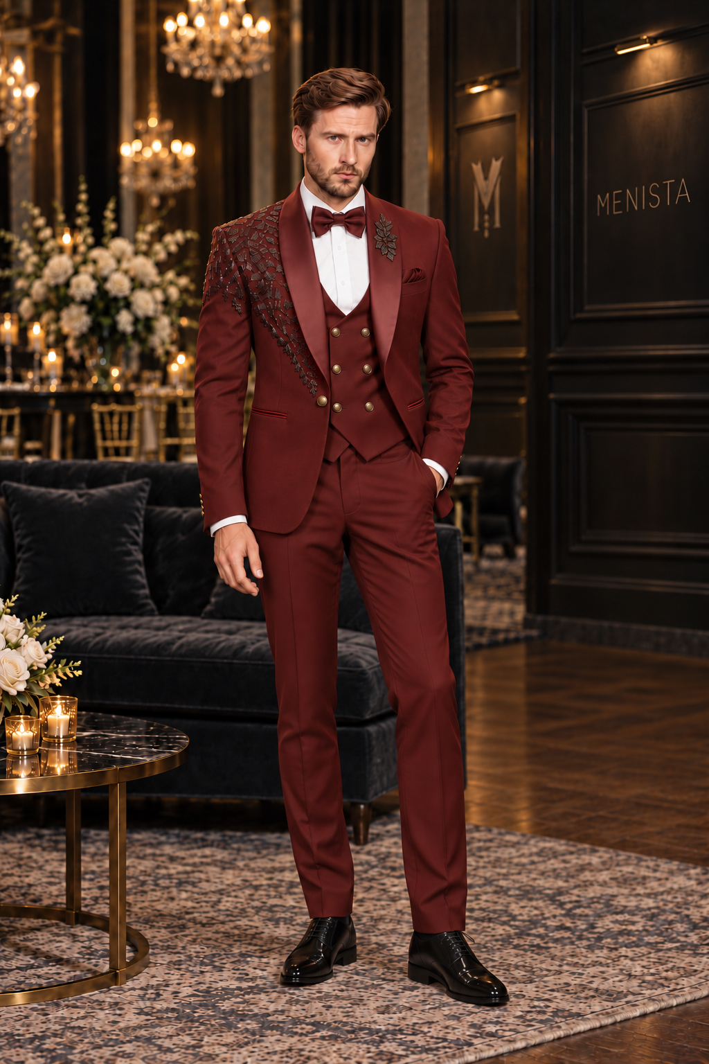 Front view of Valen burgundy leaf embroidered tuxedo with continuous satin shawl lapels and six-button double-breasted waistcoat.