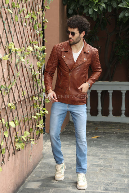 Menista Men's Brown Leather Biker Jacket - Classic and Stylish Design