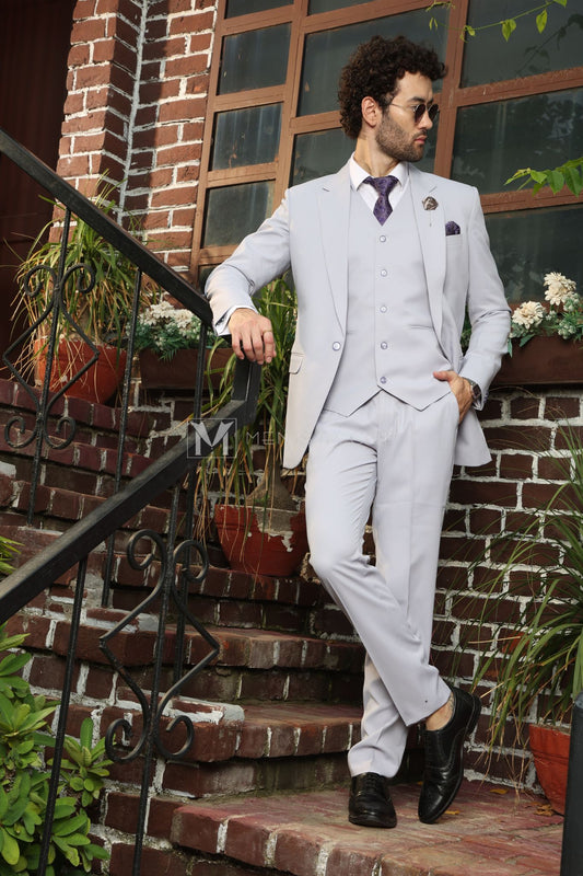 Menista Men's 3-Piece Light Gray Suit – Slim Fit Single-Breasted Wedding & Formal Wear