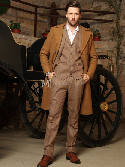 Brown Men’s Long Coat by Menista - Classic Tailored Fit for Refined Style