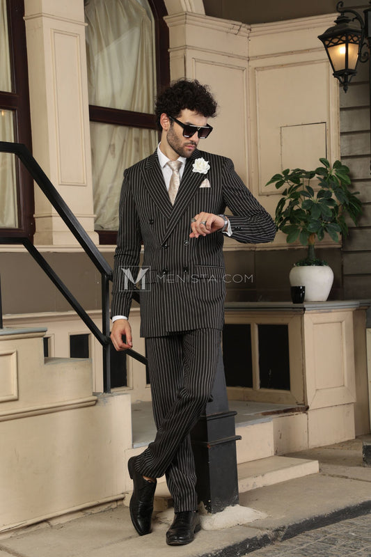 Classic Black Pinstripe 2-Piece Suit by Menista – Double-Breasted, Vintage-Inspired Men's Suit