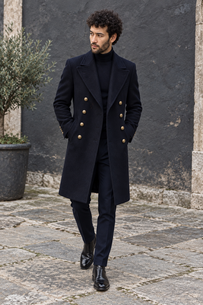 Thane Navy Wool Blend Trench Coat