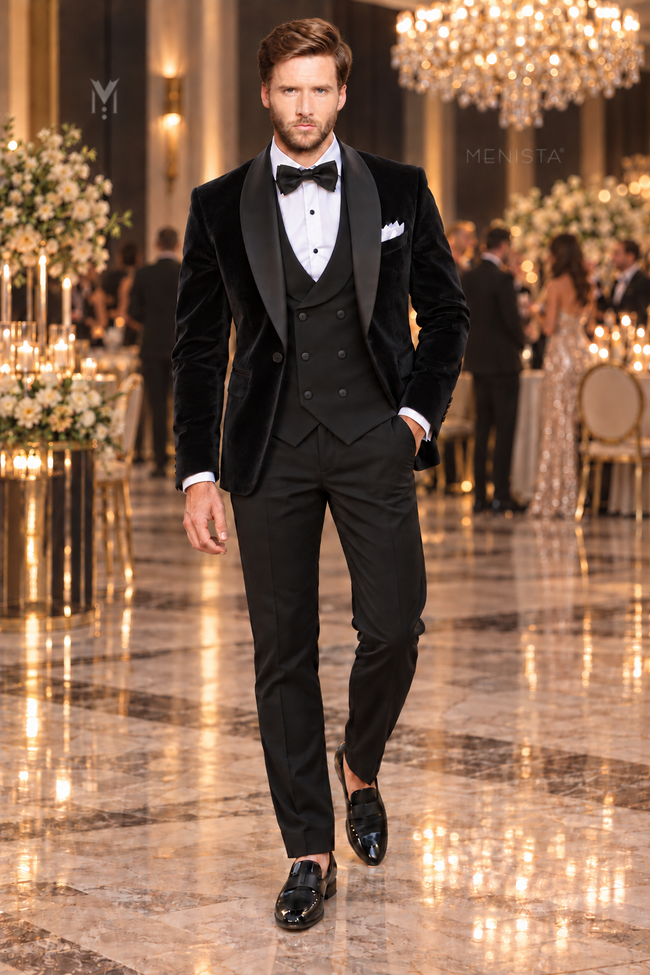 Orsino black velvet three-piece tuxedo on Jack, front full-body view, with plain black waistcoat and trousers in an indoor wedding venue.