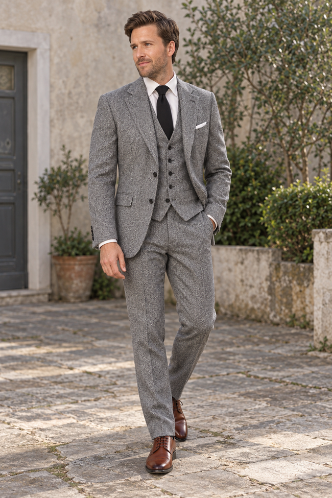 Ashford Grey Herringbone Tweed Wool Blend 3PC Suit