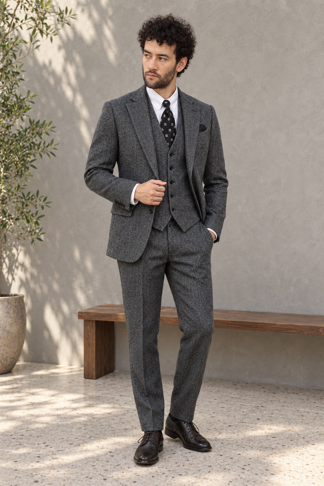 Whitlock Grey Herringbone Tweed Wool Blend 3PC Suit