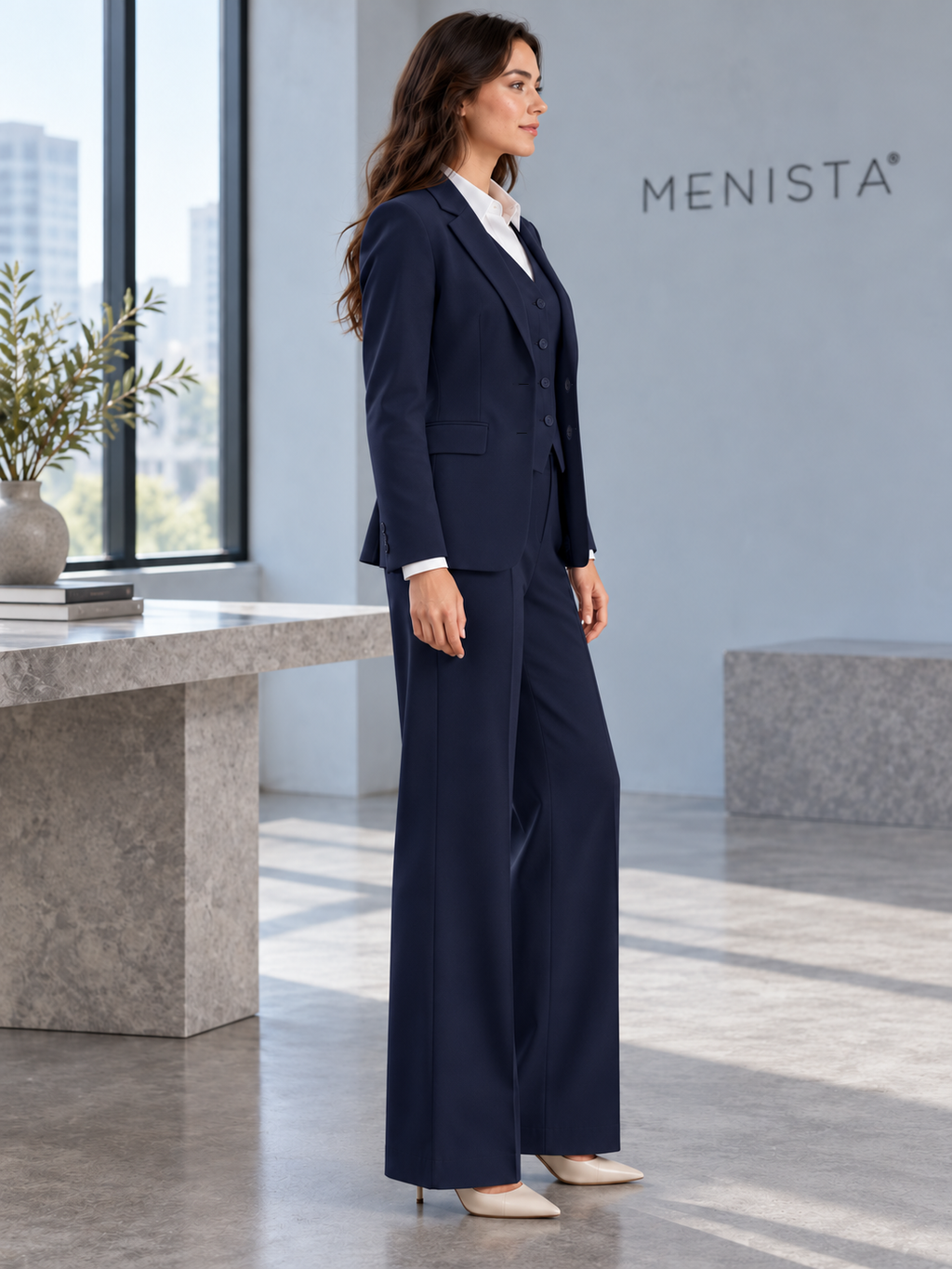 Sofia wearing women’s navy two-button jacket, four-button waistcoat and matching wide-leg trousers, side view.