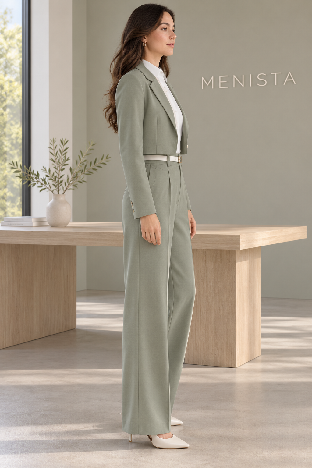 Side view of women’s sage cropped single-button notch-lapel jacket and matching high-waisted wide-leg trousers.