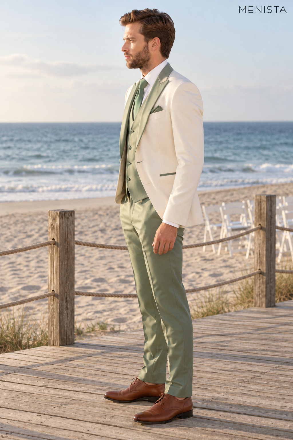 Side view of Menista ivory and sage green wedding suit showing jacket length and natural drape.