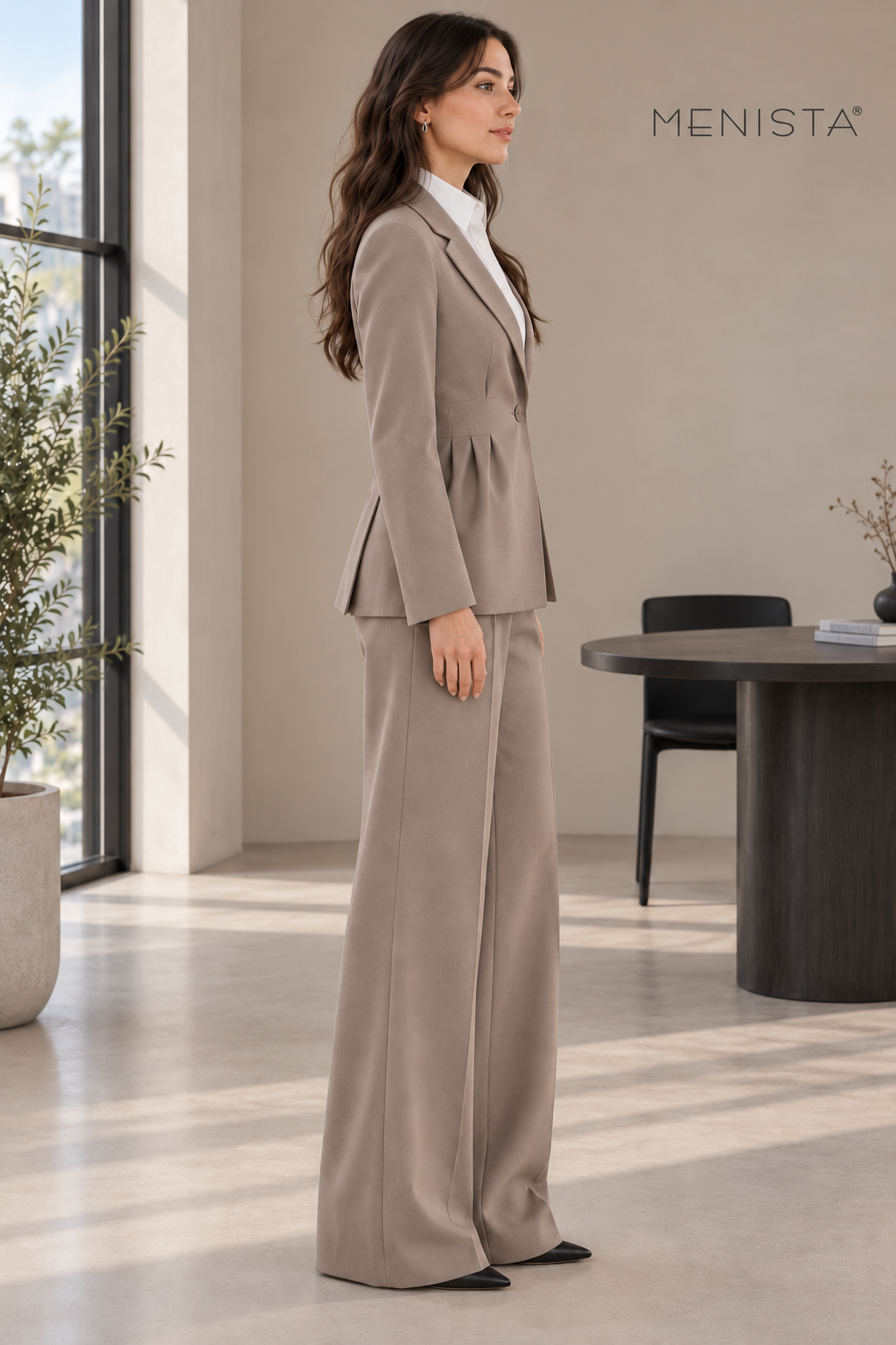 Menista women’s taupe pleated-waist wide-leg two-piece suit — side view with a white formal dress shirt.
