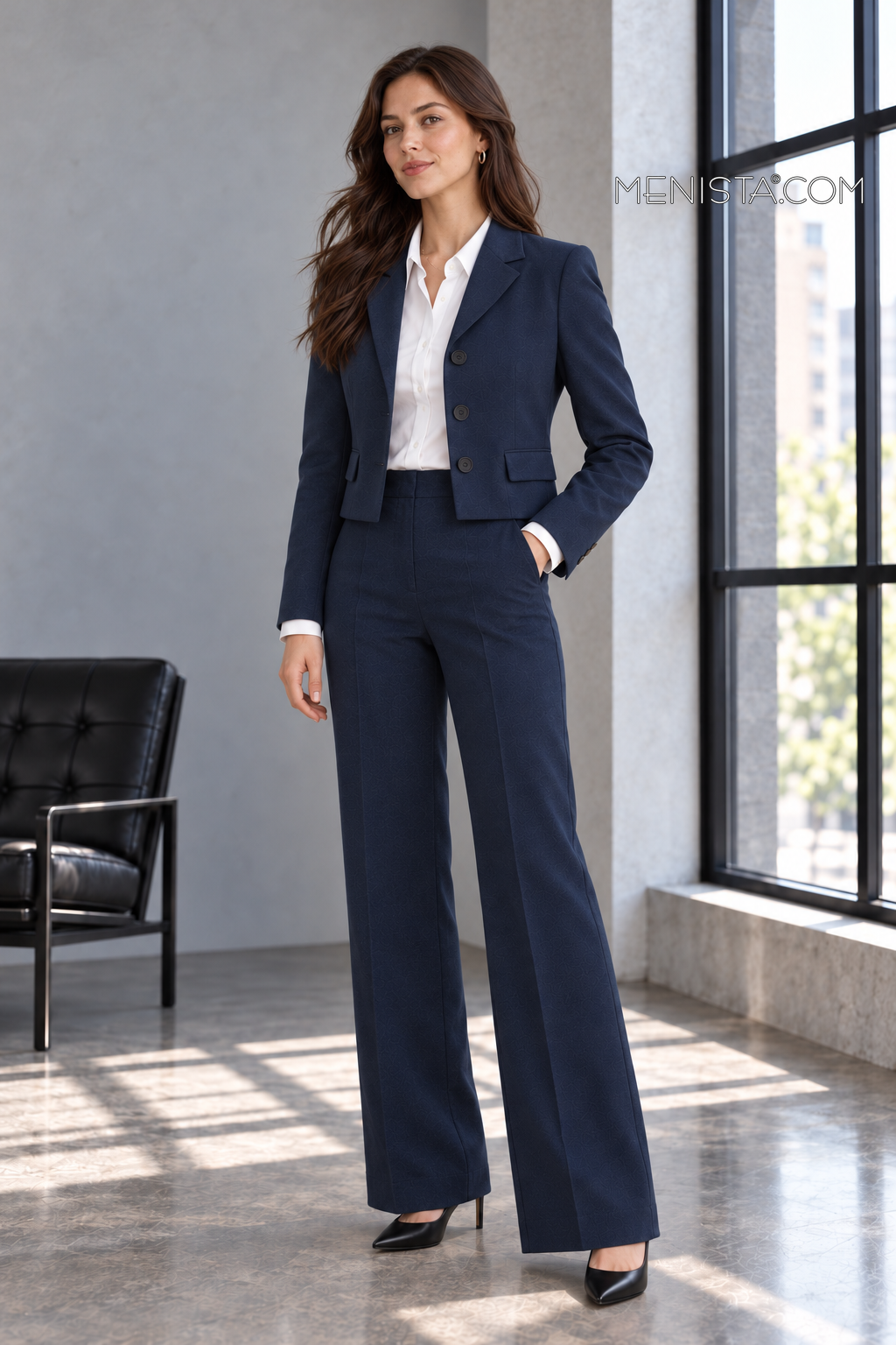 Three-quarter view of Calista women’s navy suit.