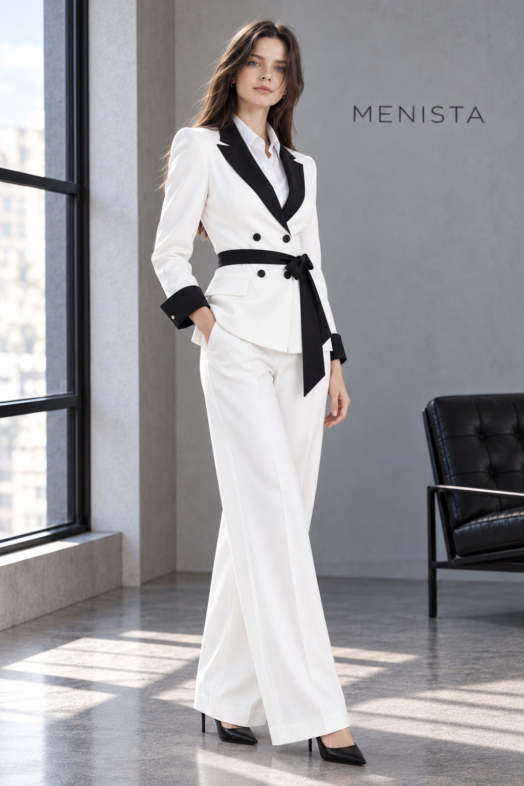 Three-quarter view of Aveline women’s white and black suit.