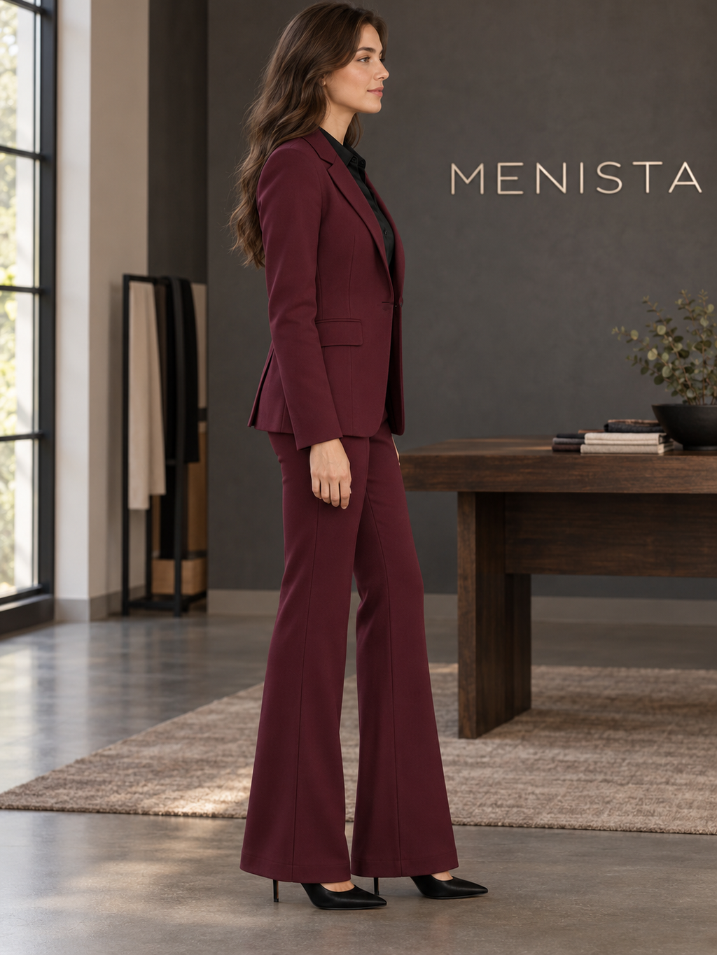 Side view of women’s burgundy single-button jacket and matching flared trousers.