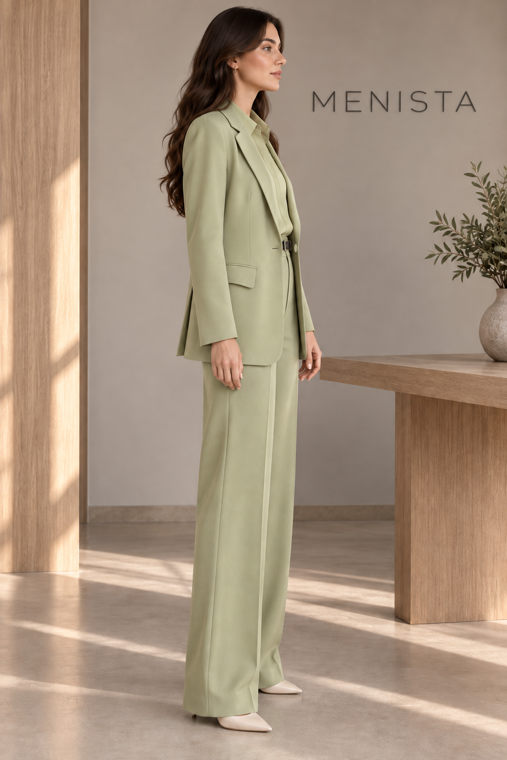 Side view of women’s pistachio-green single-button blazer and matching wide-leg trousers.