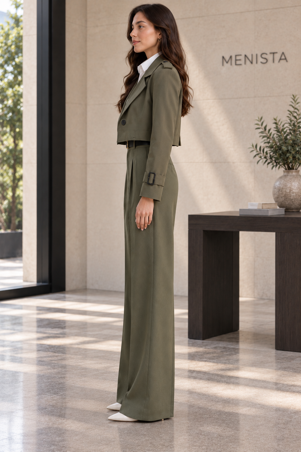 Menista women’s olive cropped trench two-piece suit — side view with a white formal dress shirt.