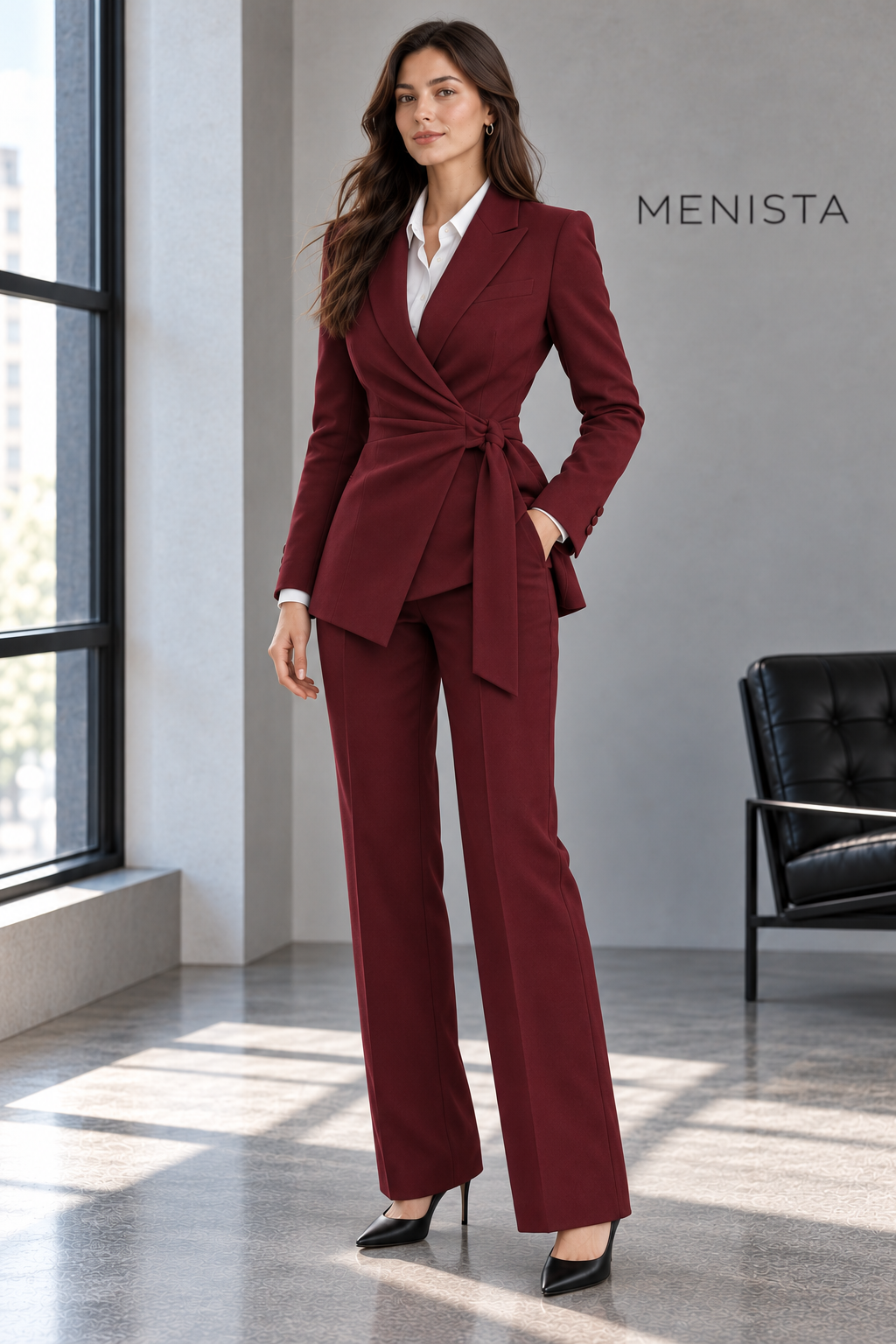 Three-quarter view of Lucienne women’s burgundy suit.