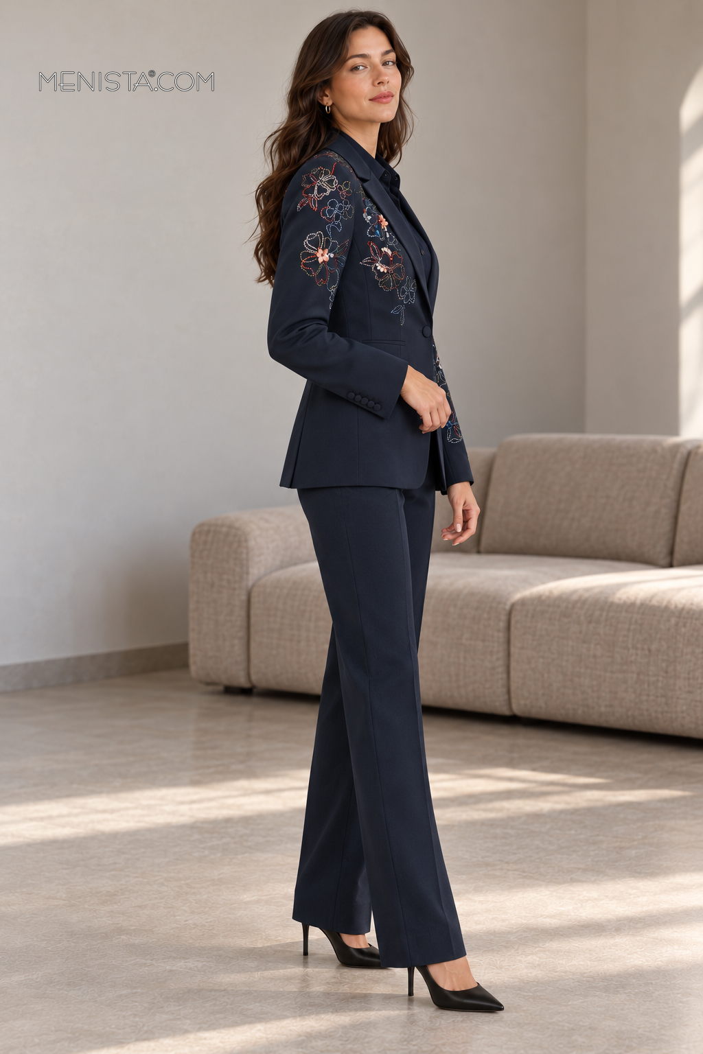 Nerelle Navy Floral Embroidered 2PC Suit - side three-quarter view
