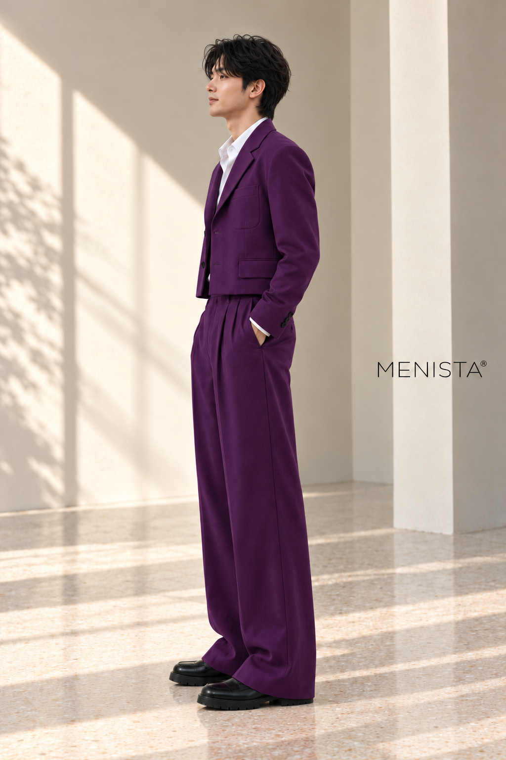 Oren Dark Purple Cropped Wide-Leg 2PC Suit - standing side view