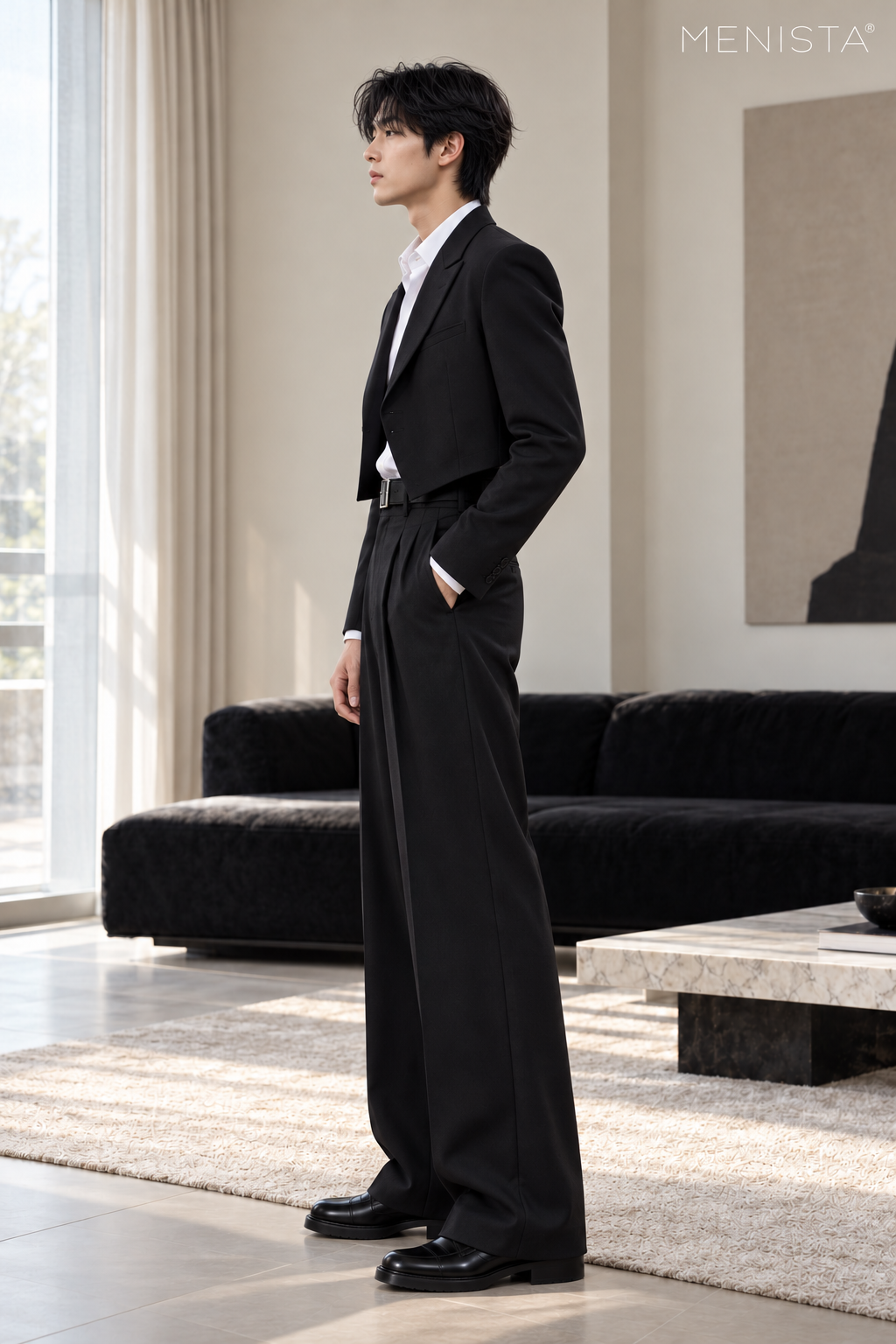 Avenor Black Angular Cropped 2PC Suit - standing side view