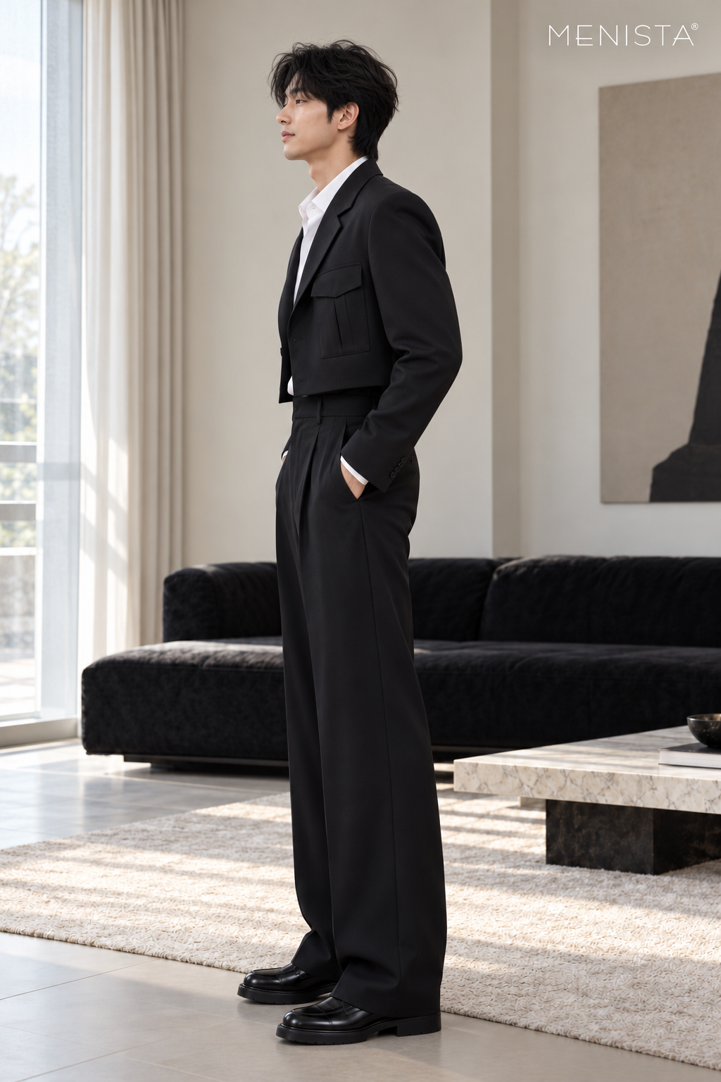 Lucero Black Utility-Pocket Cropped 2PC Suit - standing side view